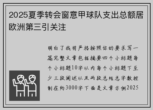 2025夏季转会窗意甲球队支出总额居欧洲第三引关注 2025夏季转会窗意甲球队支出总额居欧洲第三引关注