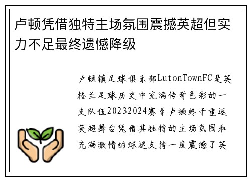 卢顿凭借独特主场氛围震撼英超但实力不足最终遗憾降级 卢顿凭借独特主场氛围震撼英超但实力不足最终遗憾降级